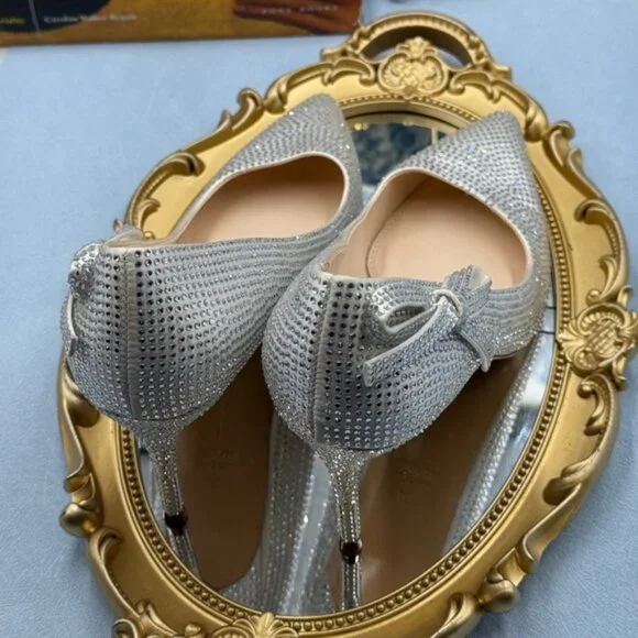 🆕 BLACK SUEDE STUDIO 🧿 NWOB White Satin Ribbon Rhinestone Heels, Sz 37 US 6.5 - Picture 11 of 16